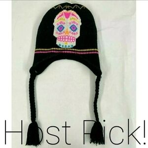 NWT Sugar Skull Beanie Day of the Dead Knit Winter Hat Tassels Black White Neon